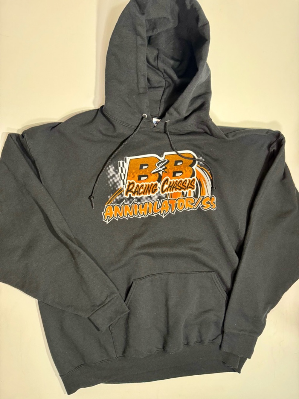 Jerzees Black Crewneck Hoodie with Orange & White Racing Graphic